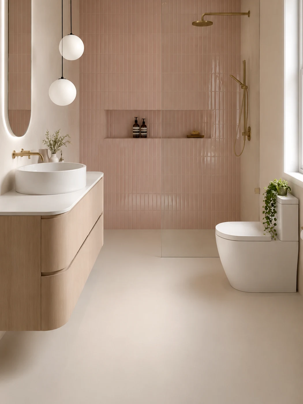 Beige PU gietvloer in een toilet met roze wandtegels en staand toilet